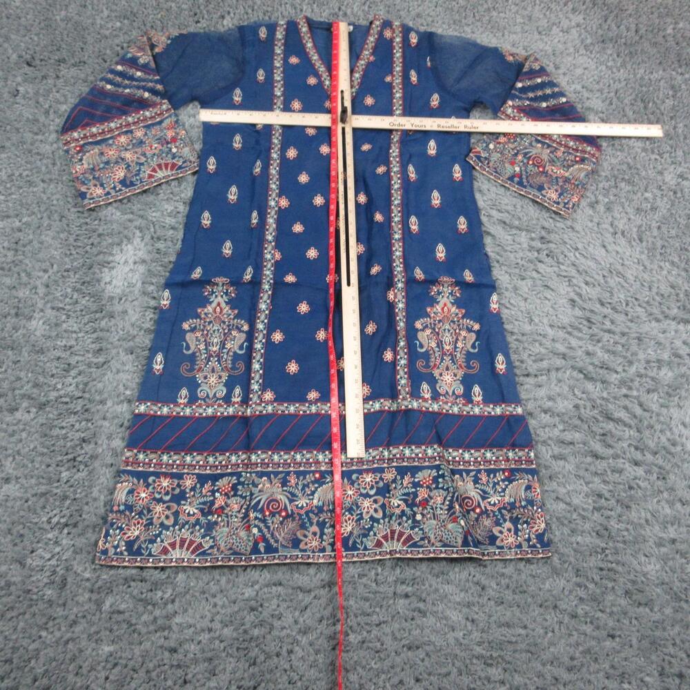 MOTIFZ 3 Piece Set Womens L Blue Embroidered Sequin V-Neck Kurta Pants Dupatta - Picture 9 of 16